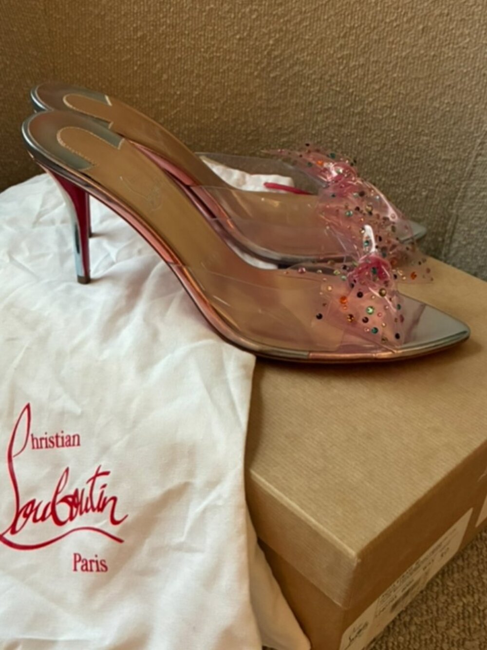 Christian Louboutin AquaStrass PVC Pink Crystal Bow Mules SIZE 7.5/39 (see note) - Picture 11 of 16